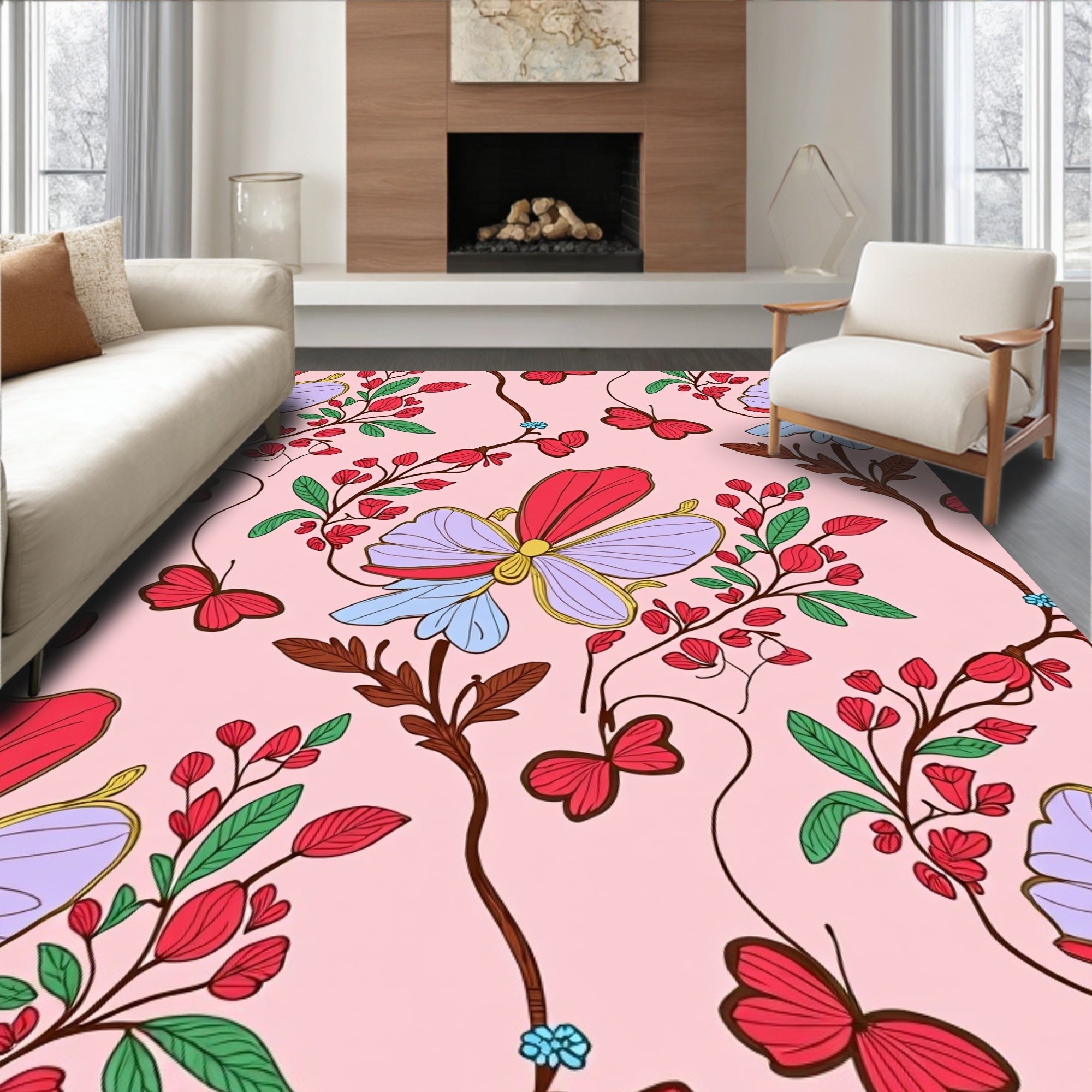 Delicate Butterflies and Floral Vine Pattern Rug