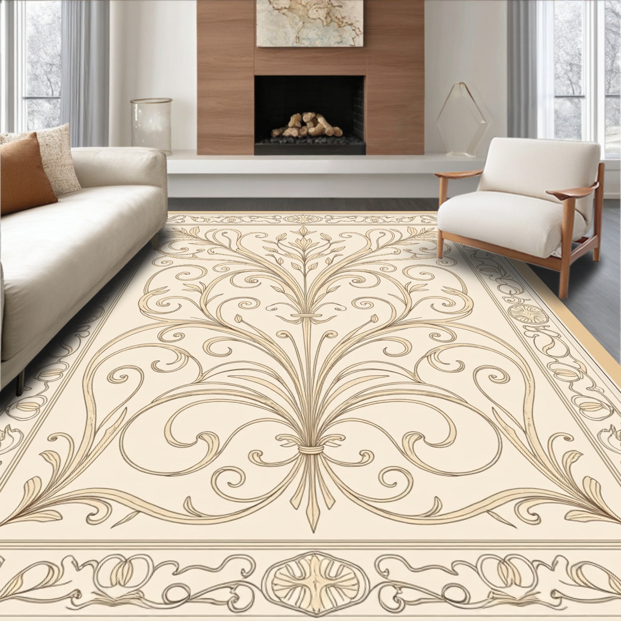 Ornate Rococo Floral Filigree Design Rug
