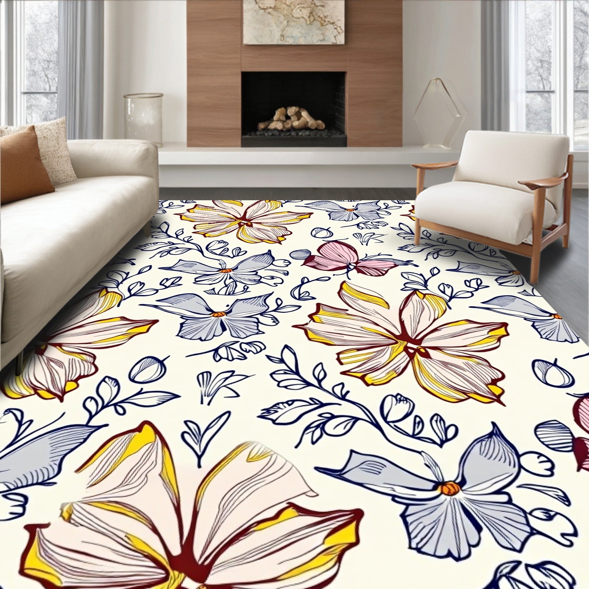Floral Butterfly Sketch Pattern Design Rug
