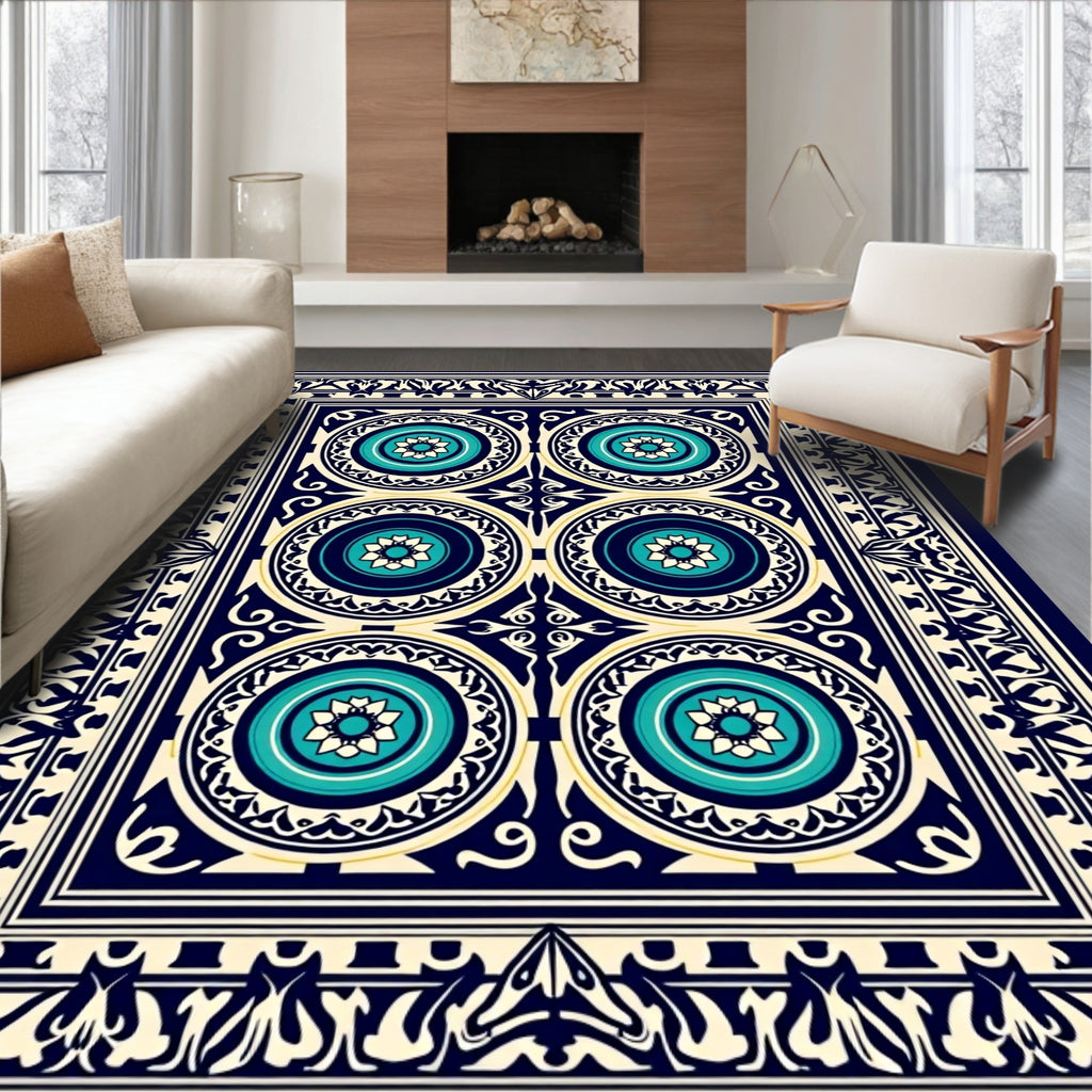 Intricate Blue Gold Medallion Pattern Rug