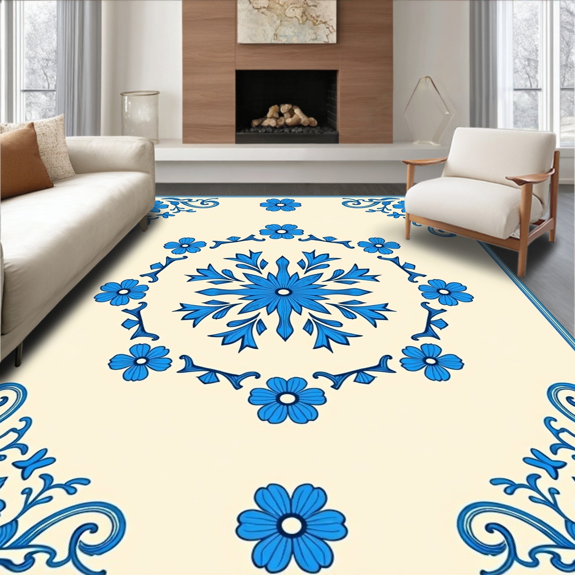 Classic Blue Floral Mandala Pattern Rug