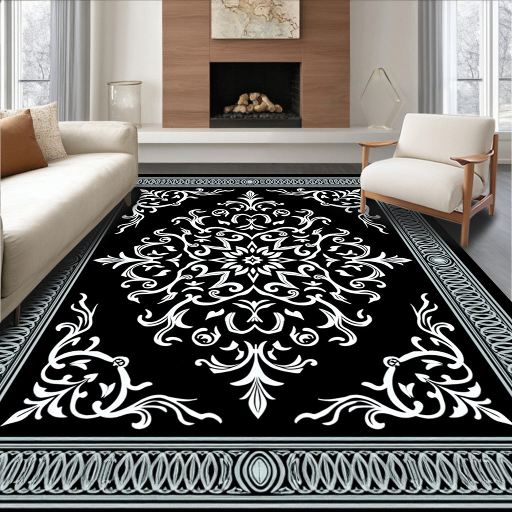 Classic Black White Floral Scroll Design Rug