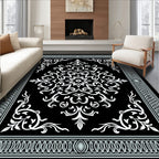 Classic Black White Floral Scroll Design Rug
