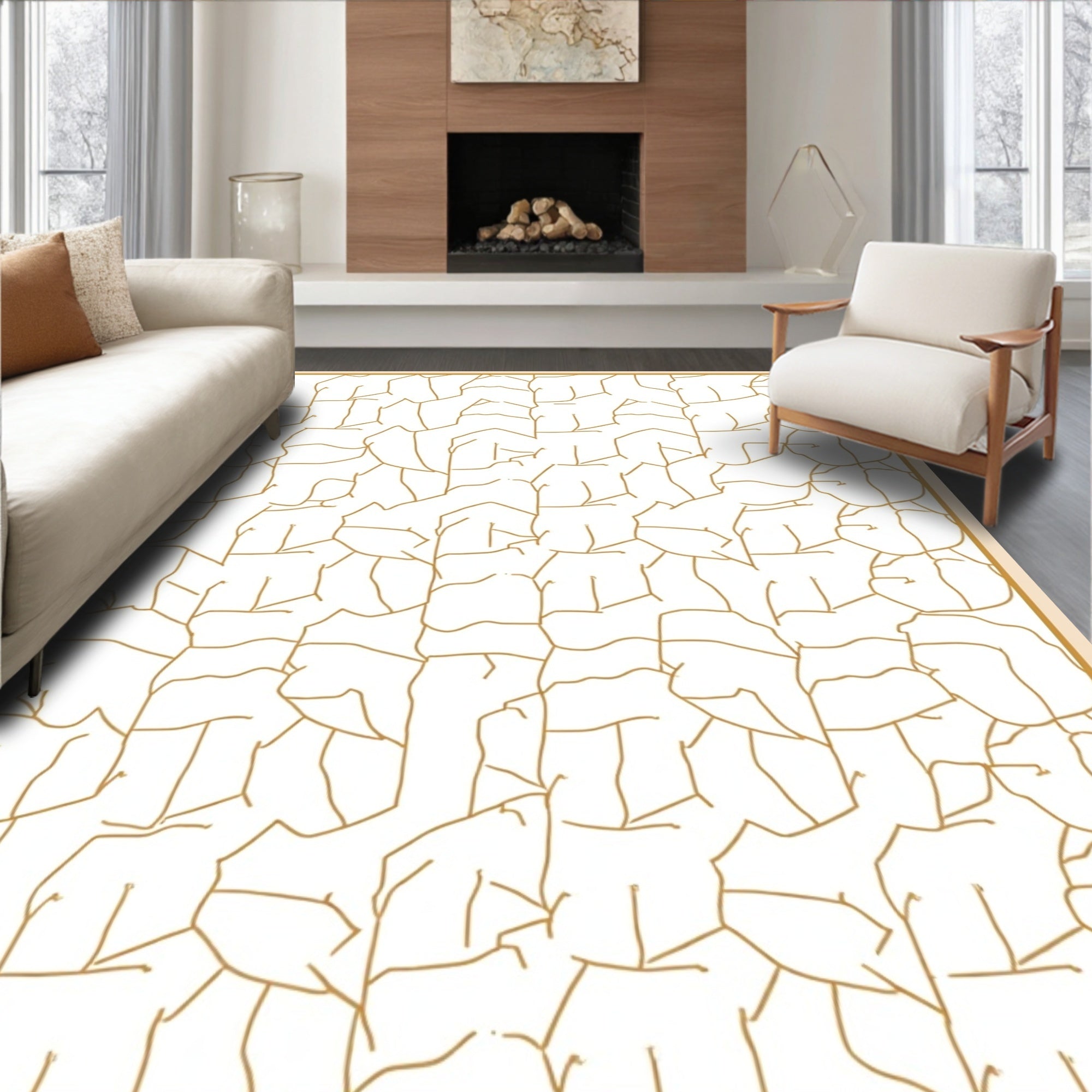 Abstract Gold Line Organic Pattern Rug