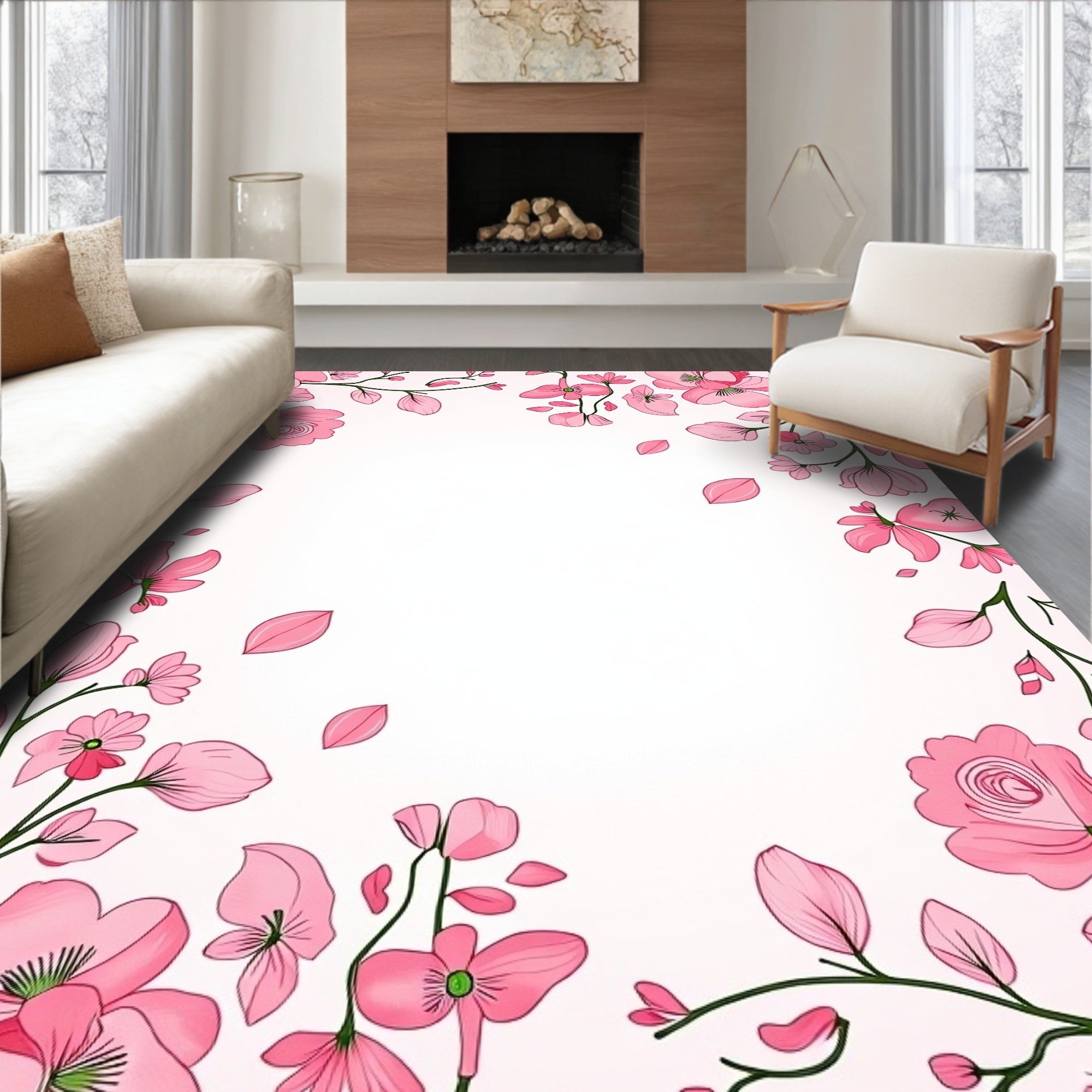 Pink Floral Branches With Petals Rug