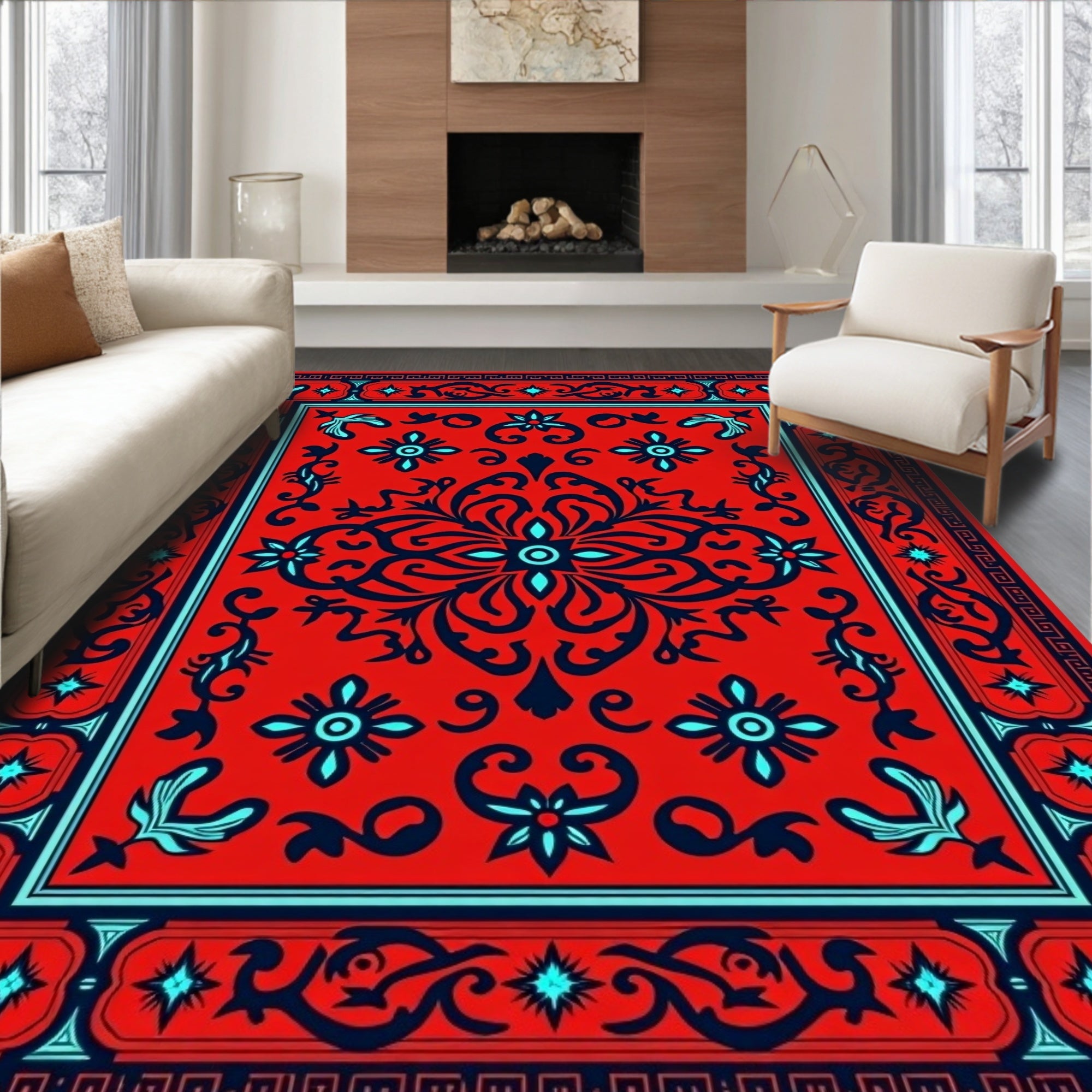 Intricate Red Blue Floral Pattern Rug