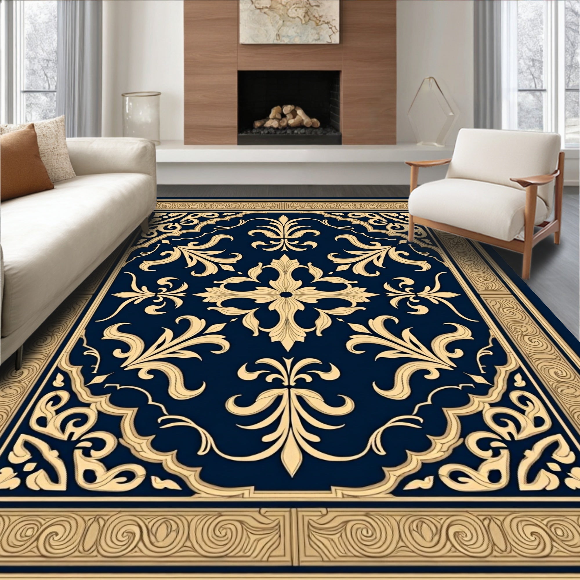 Regal Floral Navy Gold Medallion Rug