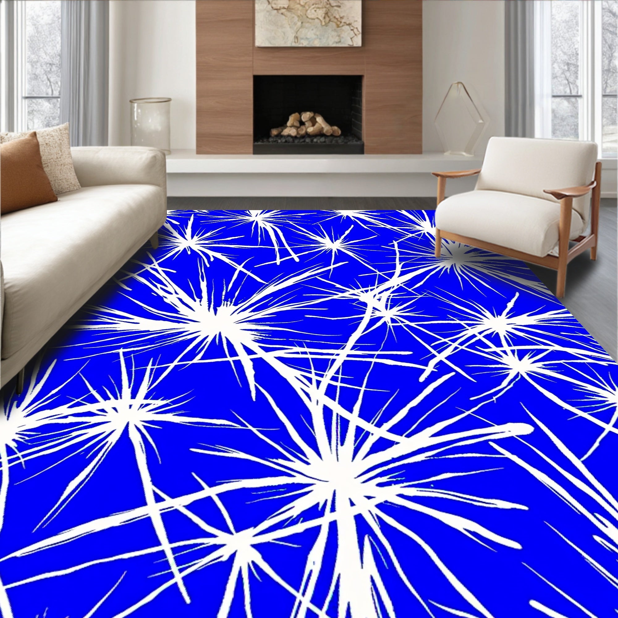White Starburst Blue Pattern Rug