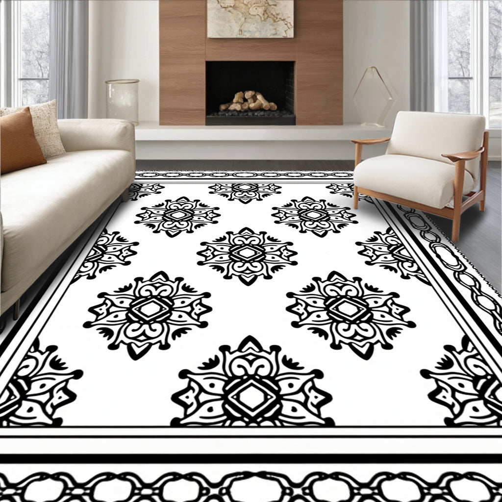 Ornate Black White Medallion Pattern Rug