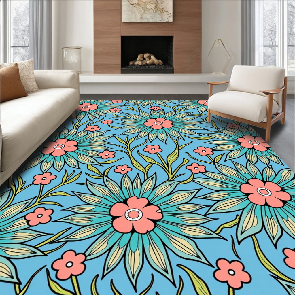 Vibrant Floral Pattern with Teal Coral Accents Rug