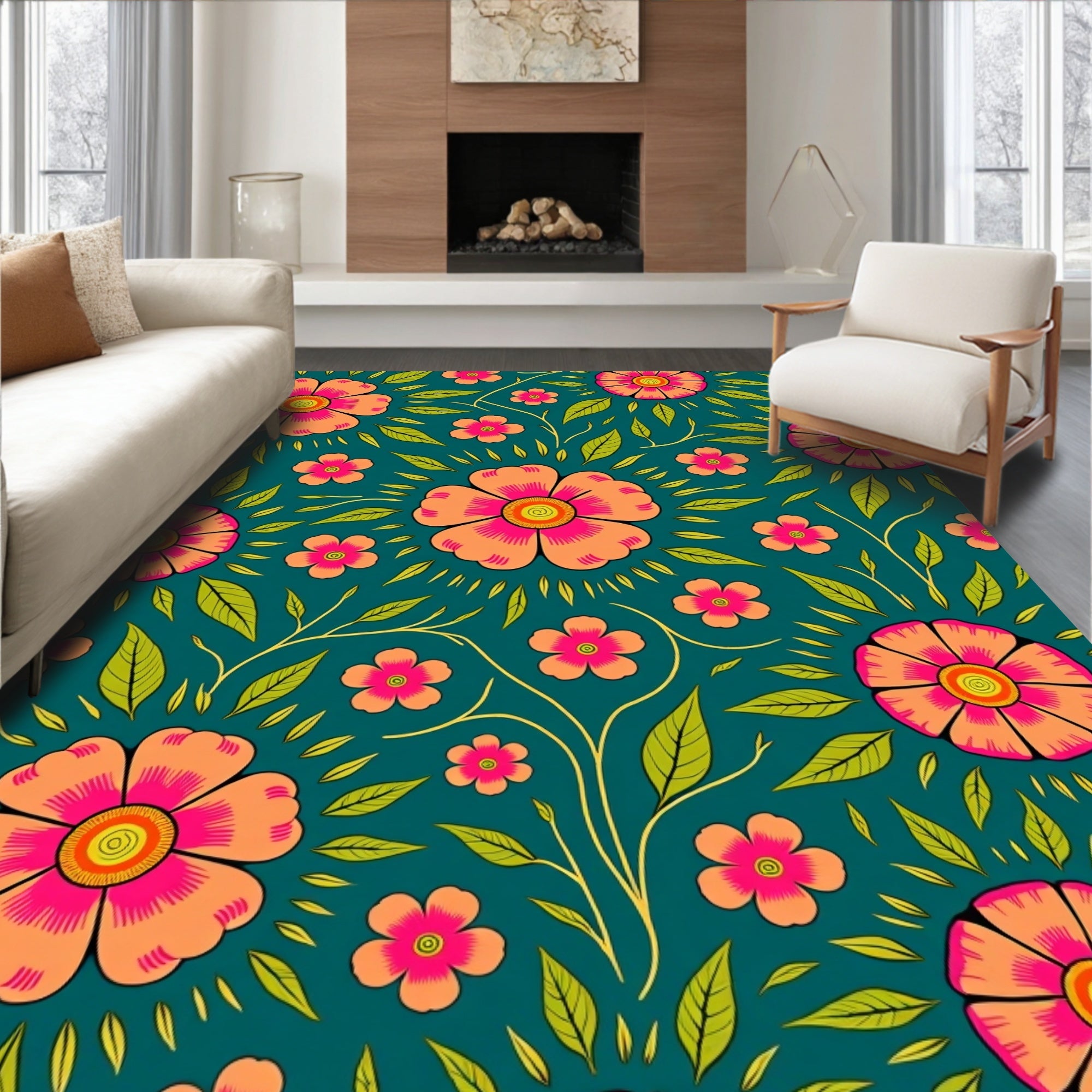 Vibrant Floral Vines Pattern Rug