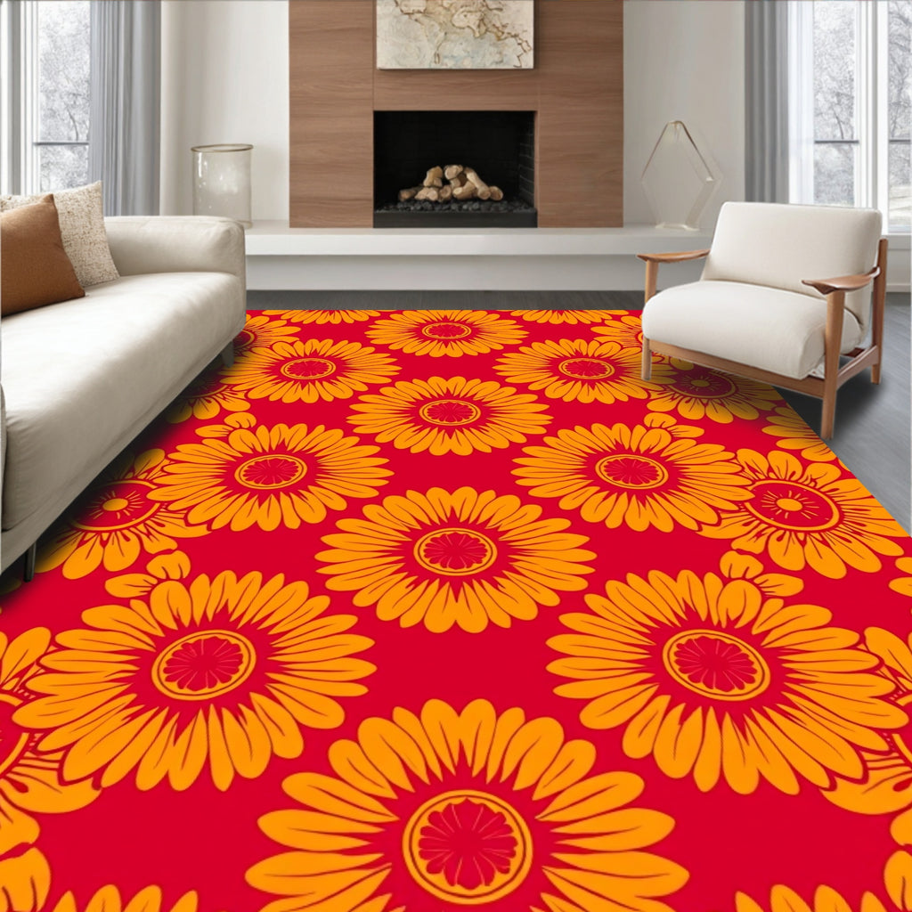 Bold Orange Sunflowers On Red Rug