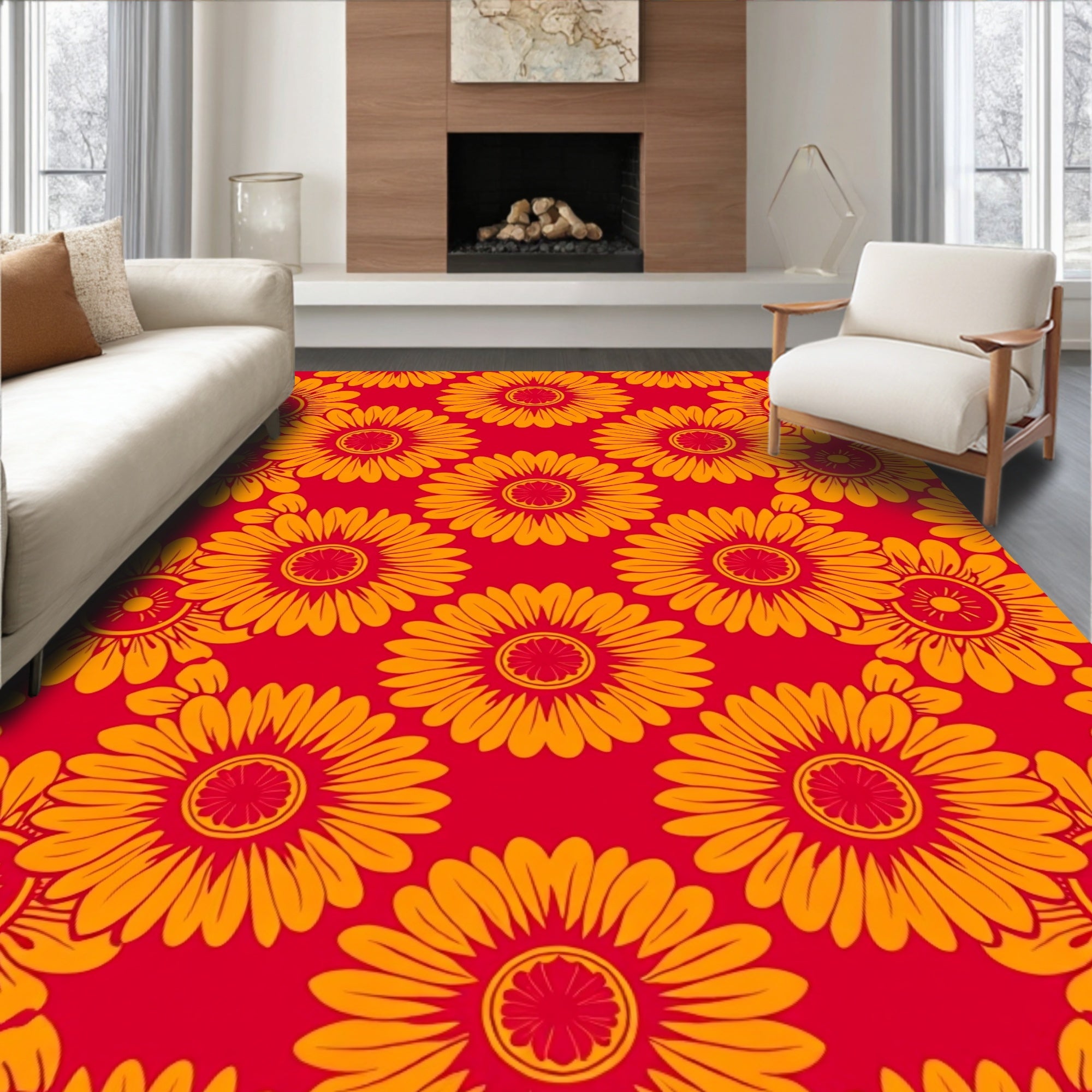 Bold Orange Sunflowers On Red Rug