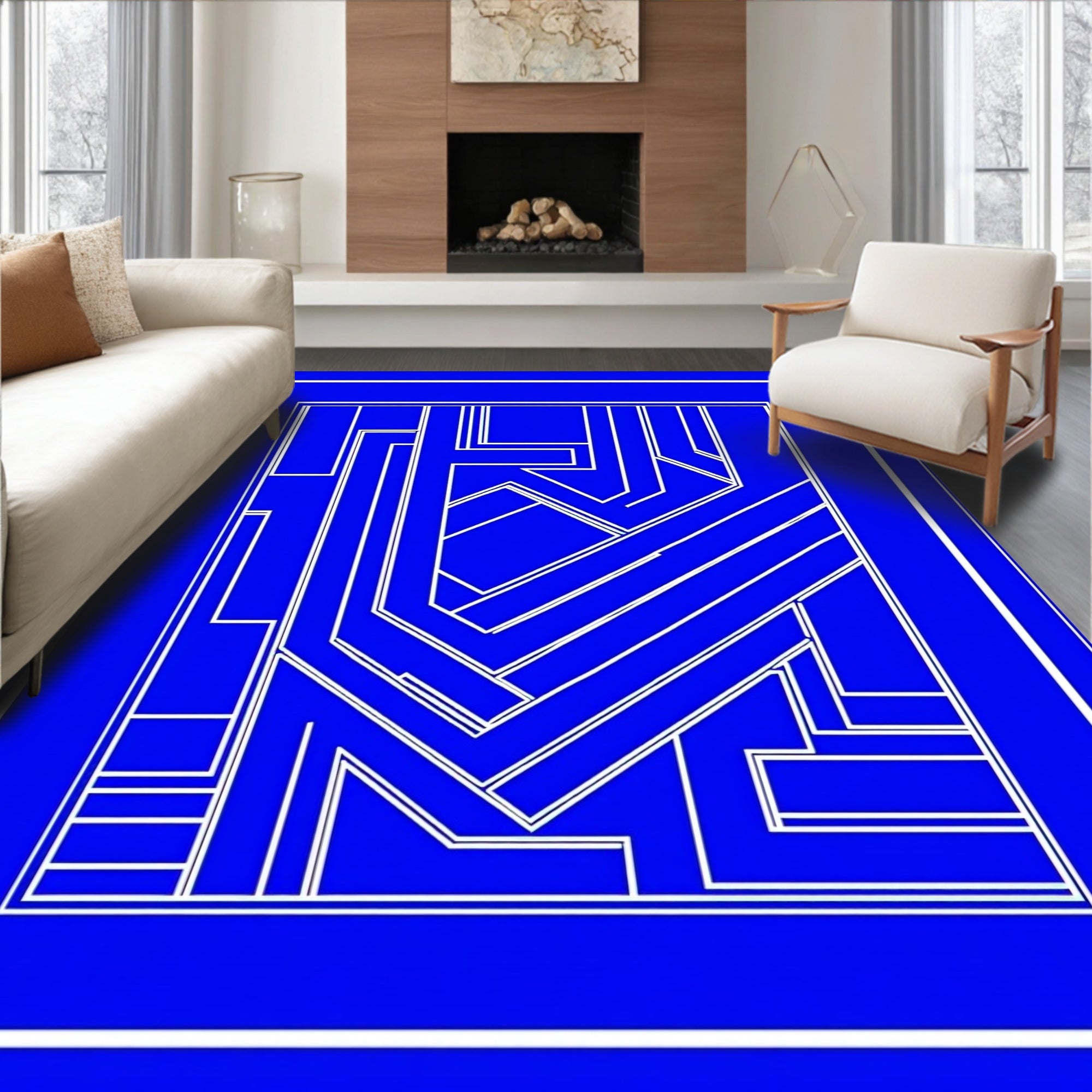 Angular White Line Geometric Maze Design Rug
