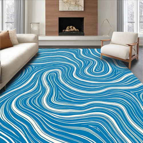 Abstract Blue White Wavy Swirl Rug
