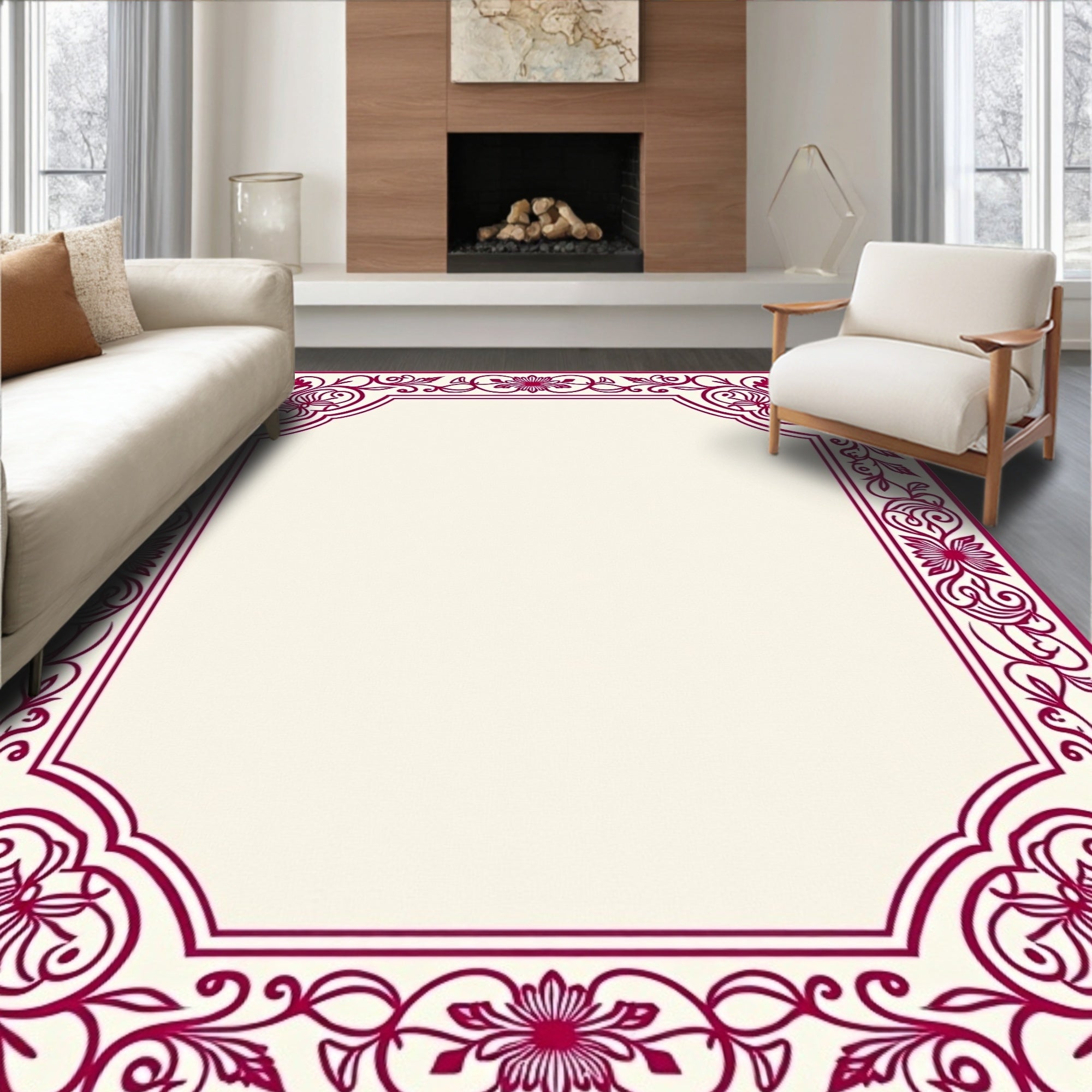 Maroon Floral Scrollwork Accent Rug