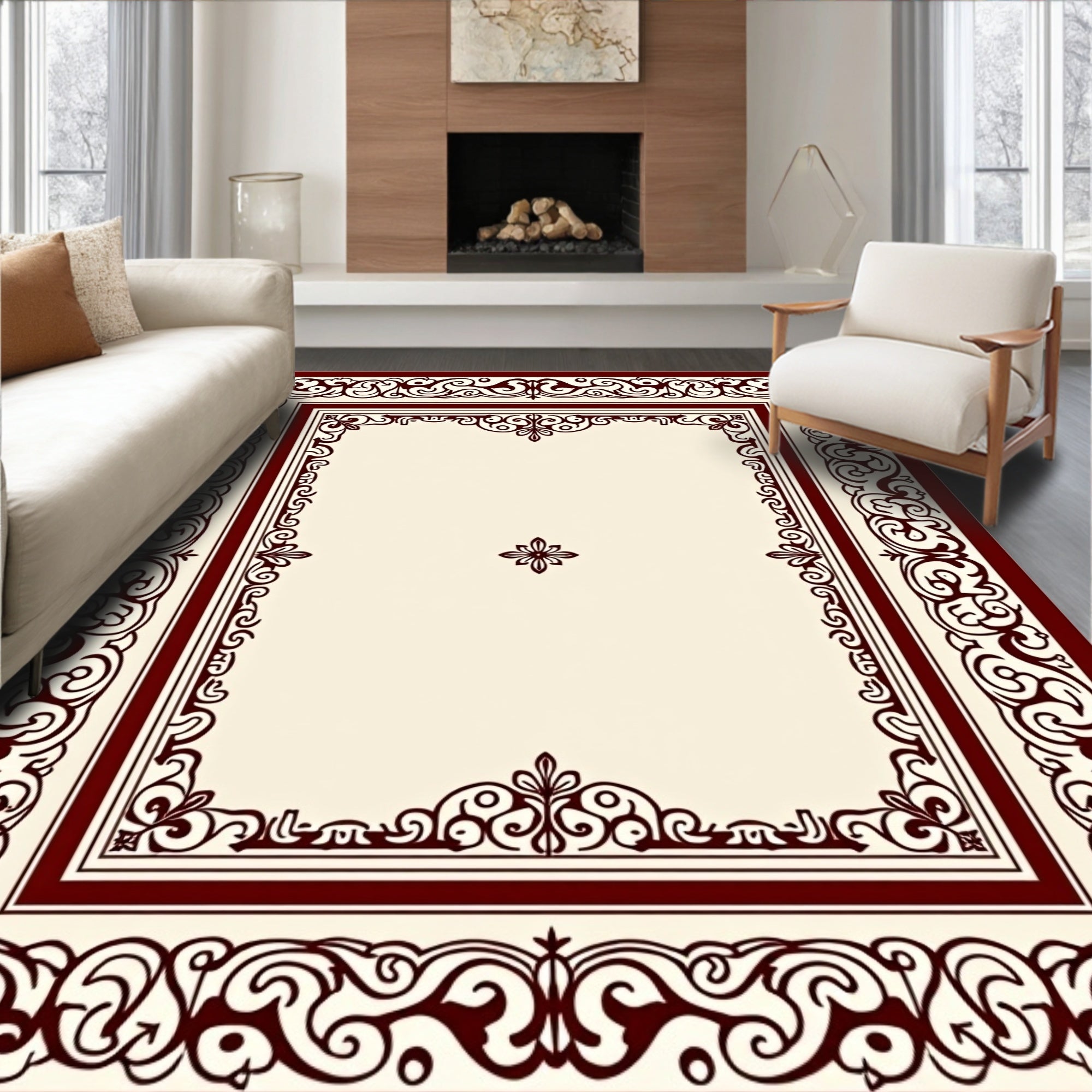 Ornate Floral Border Cream Rug