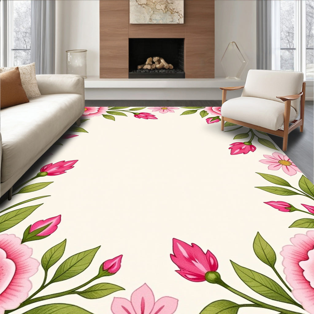 Pink Floral Border Pattern Rug