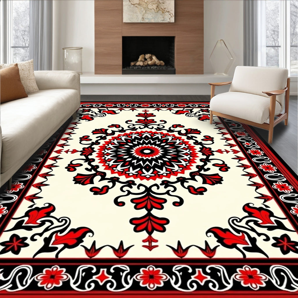Intricate Red Black Mandala Floral Rug