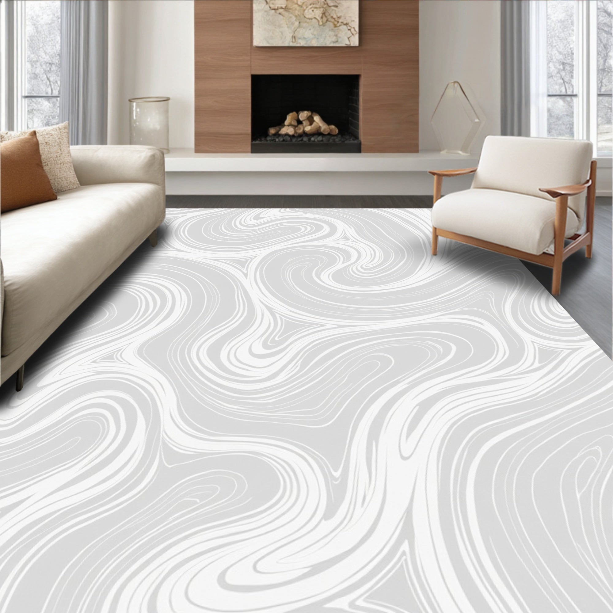 Light Gray Swirling Abstract Marble Lines Rug