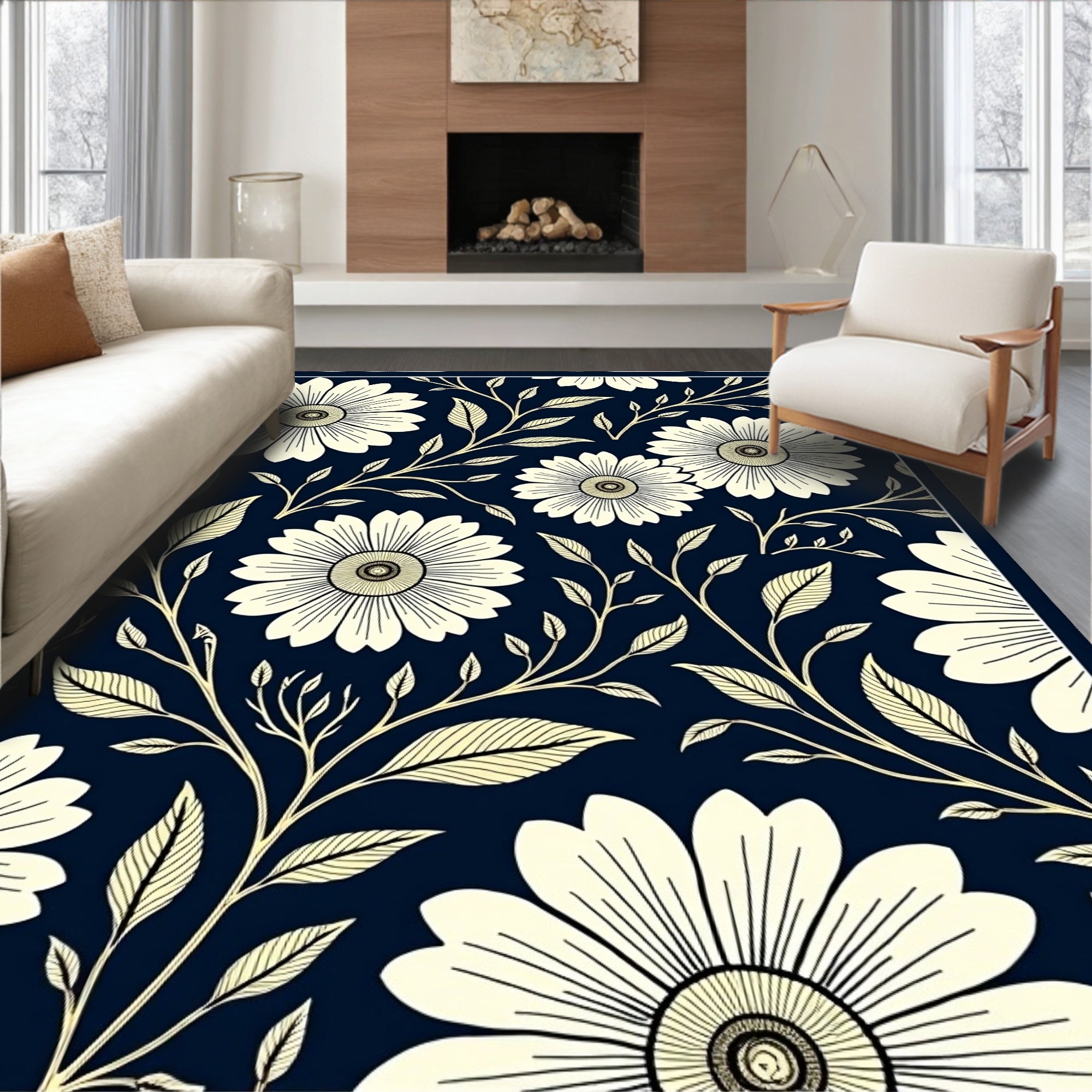 Dark Blue Floral Vine Pattern Rug
