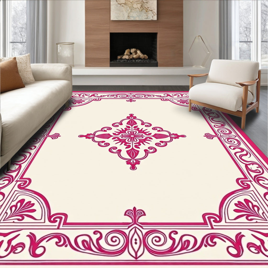 Ornate Pink Floral Medallion Border Rug