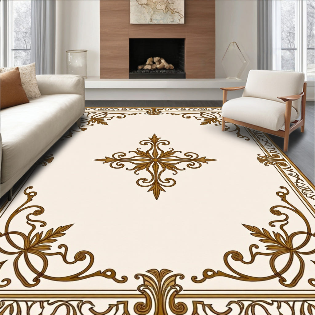 Ornate Golden Floral Scrollwork Design Rug
