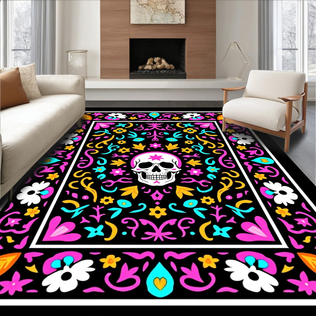Black Skull Floral Folk Art Rug