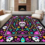 Black Skull Floral Folk Art Rug