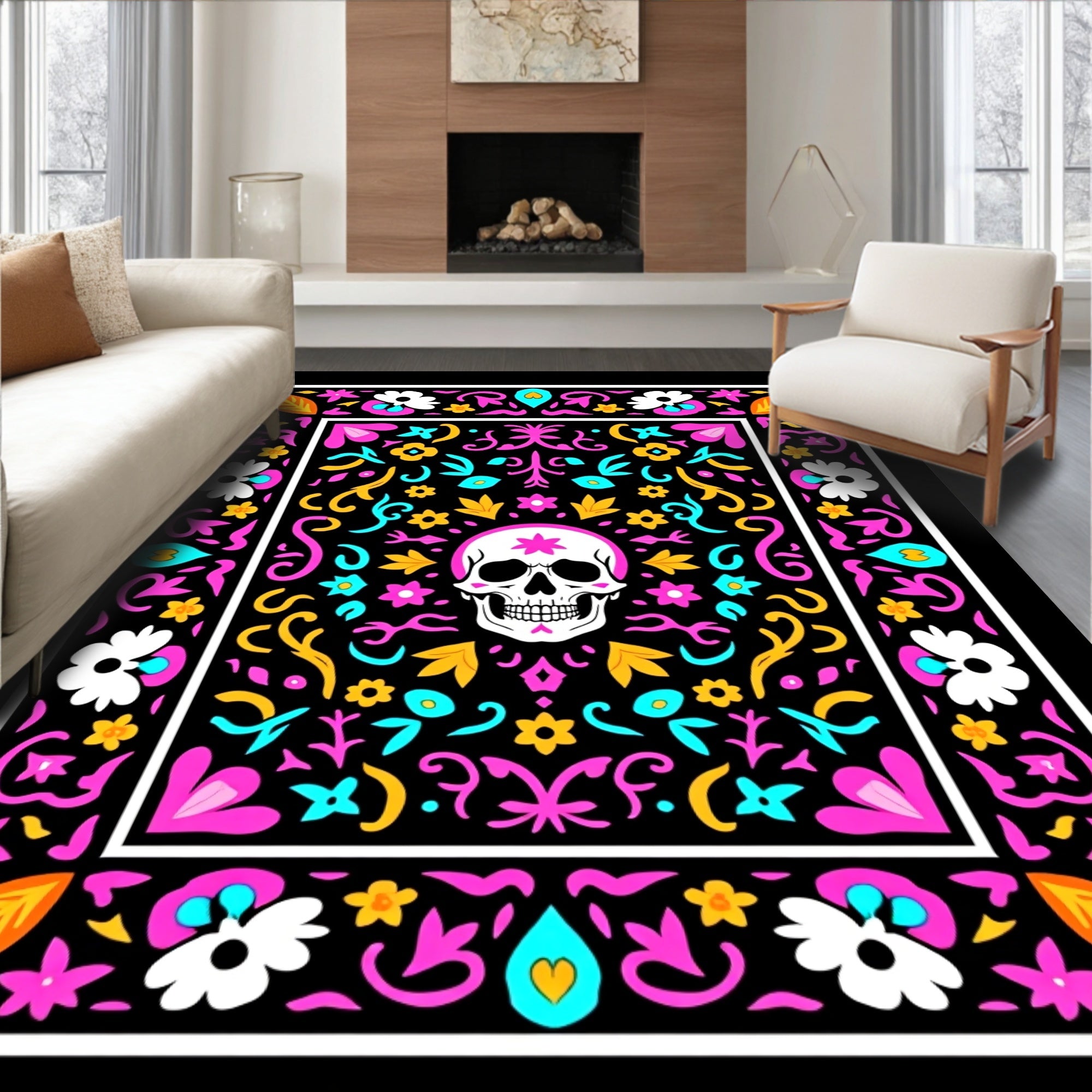 Black Skull Floral Folk Art Rug