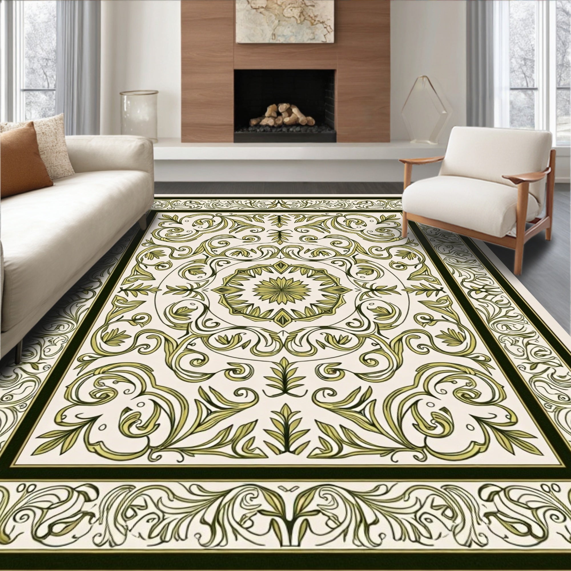 Green Floral Scrollwork Classic Design Rug