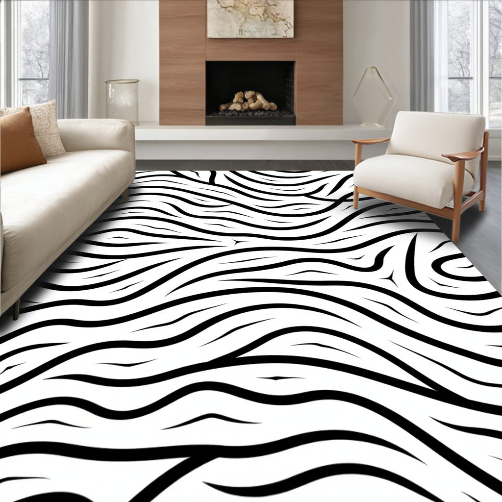 Abstract Wavy Black White Lines Design Rug
