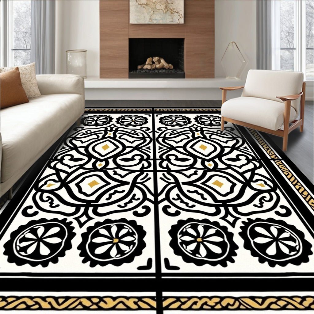 Intricate Black Gold Floral Tile Rug