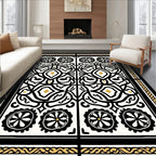 Intricate Black Gold Floral Tile Rug