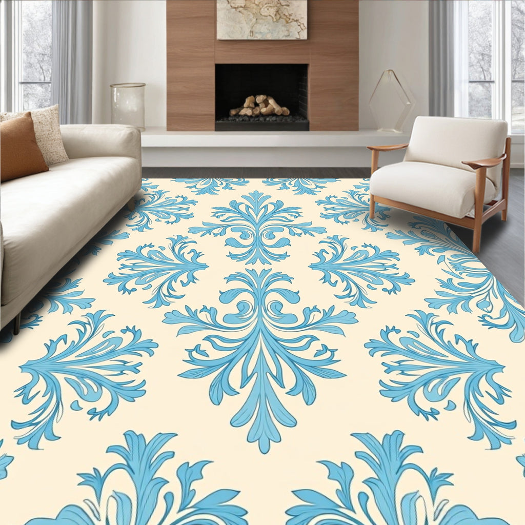 Elegant Blue Floral Damask Pattern Rug