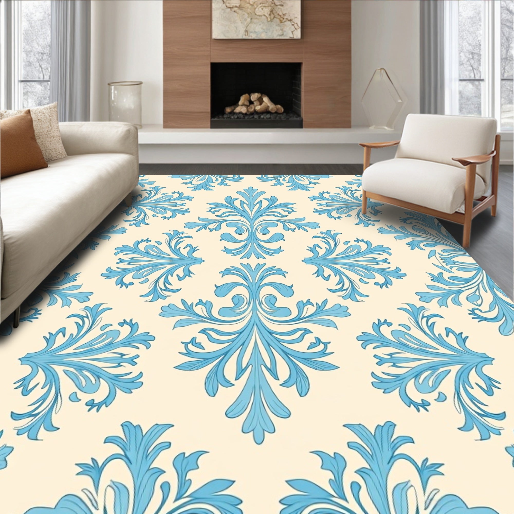 Elegant Blue Floral Damask Pattern Rug