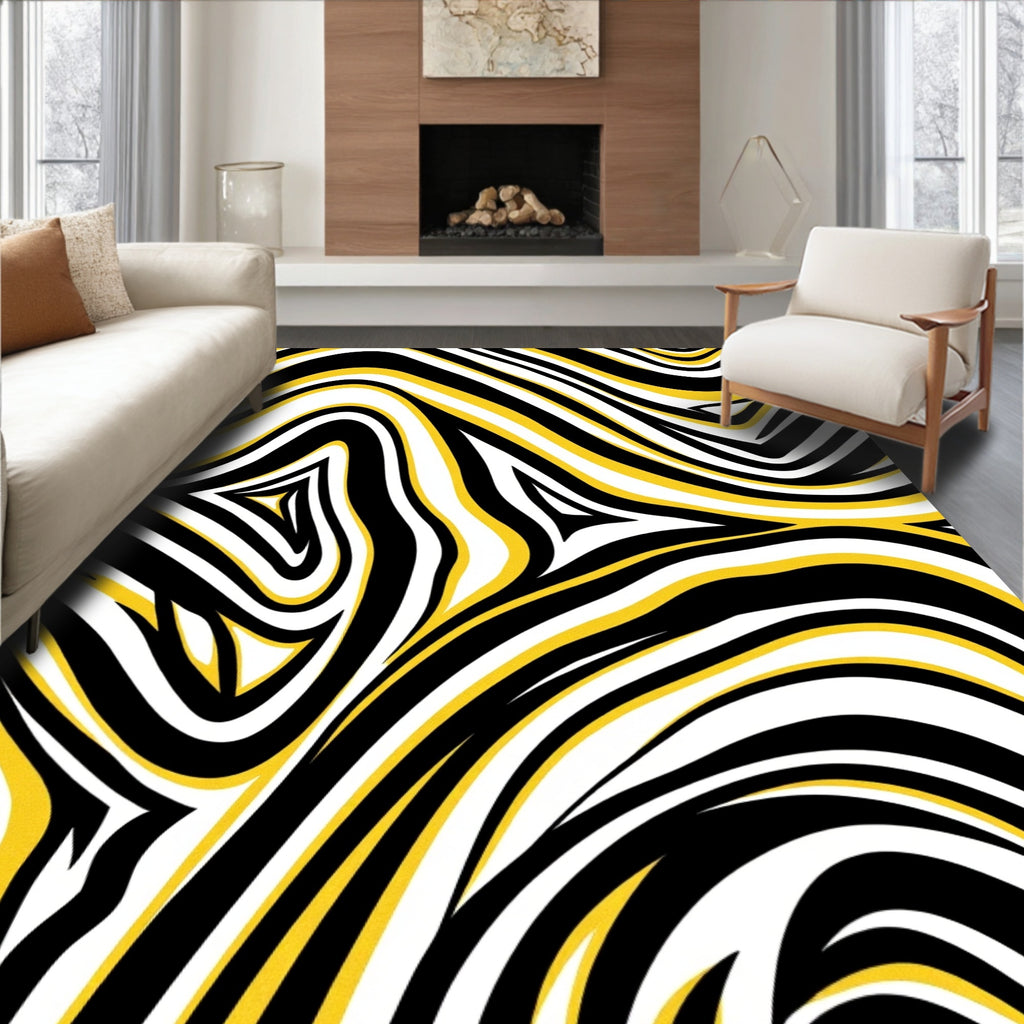 Bold Yellow Black White Swirl Rug
