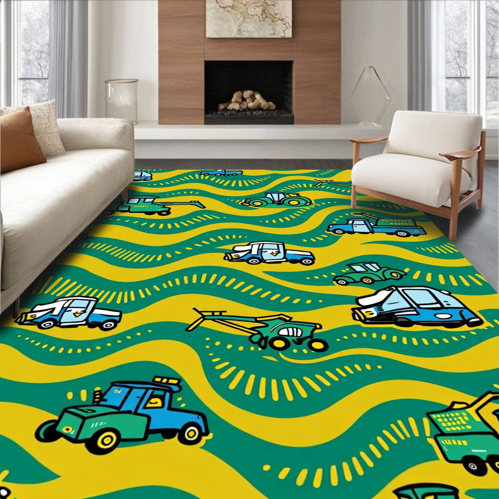 Playful Vehicles On Wavy Pattern Rug
