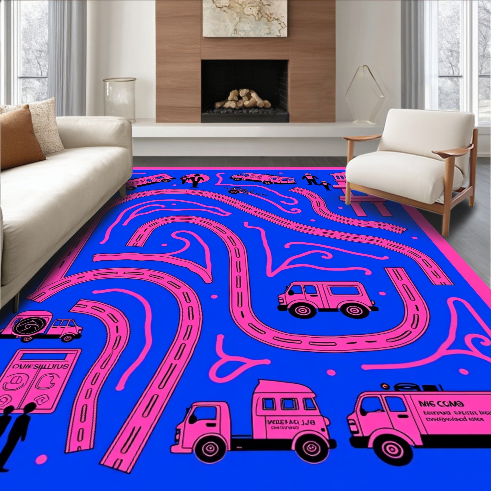 Pink Trucks Blue Roadscape Rug