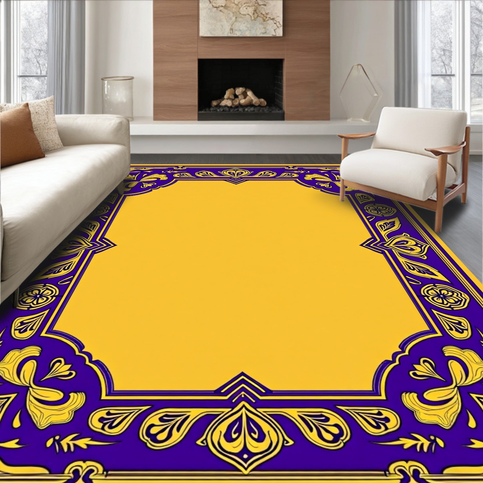 Royal Blue Yellow Floral Border Rug