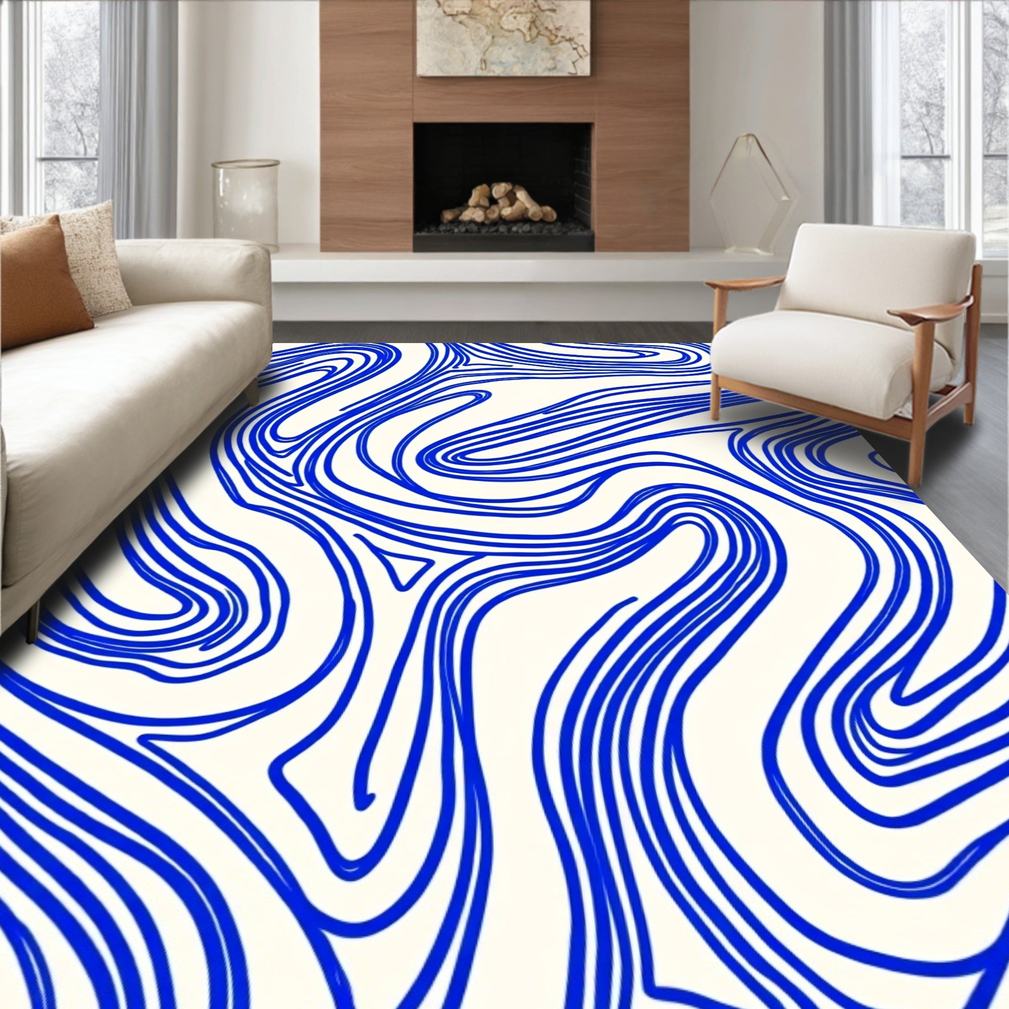 Abstract Blue Swirls Pattern Accent Rug