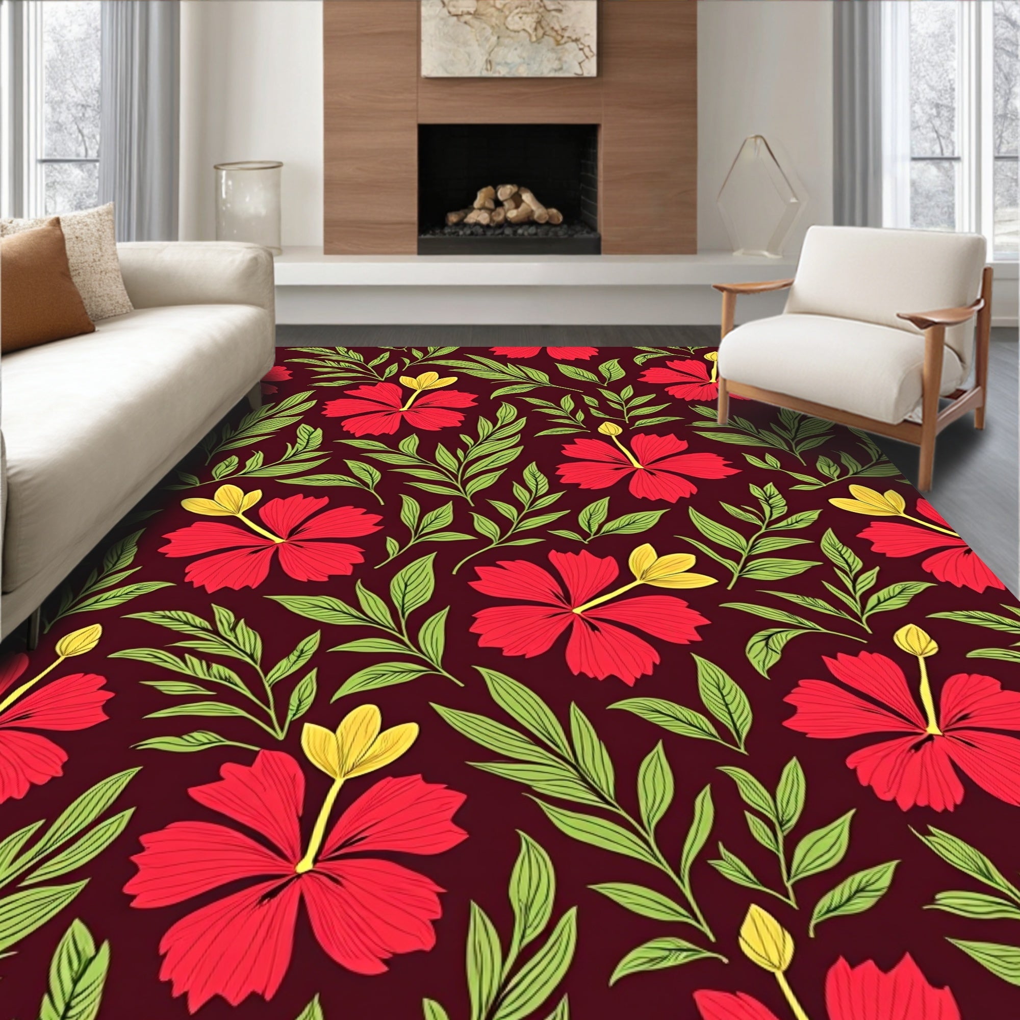 Vibrant Red Floral Botanical Pattern Rug