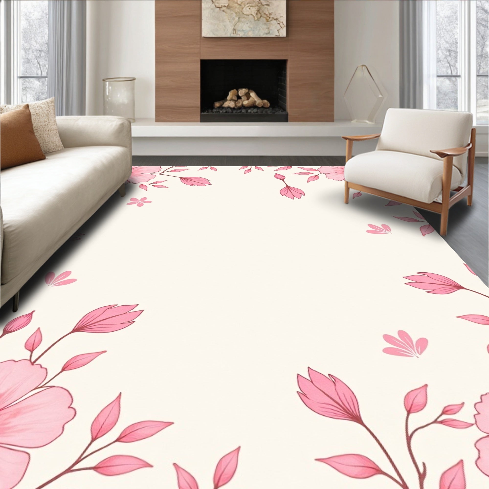 Pink Floral Branch Pattern Rug