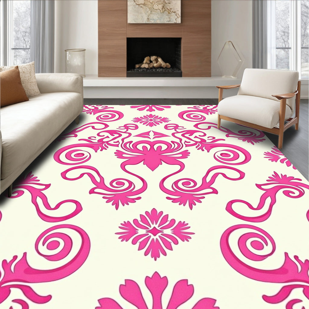 Bright Pink Floral Scroll Pattern Rug