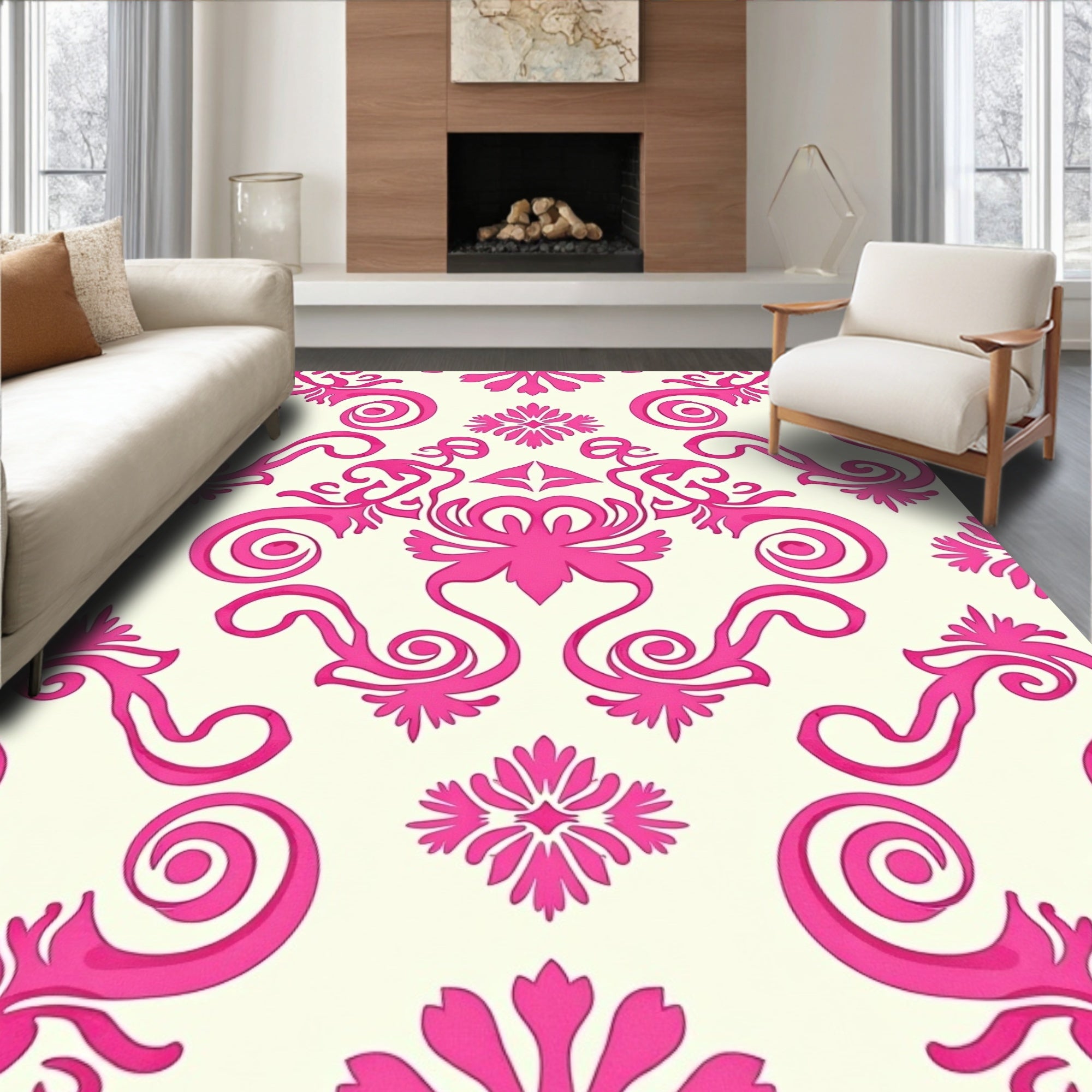 Bright Pink Floral Scroll Pattern Rug