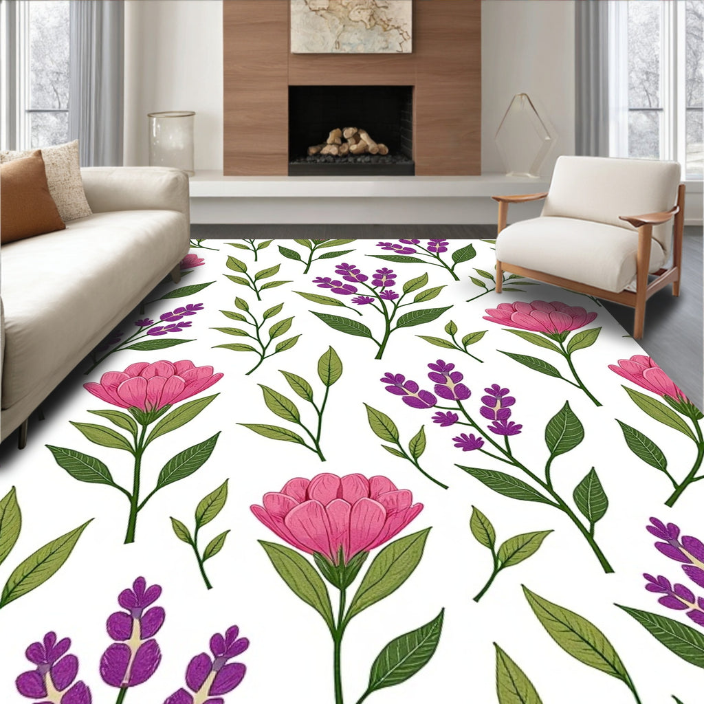Pink Purple Floral Leaves Pattern Rug