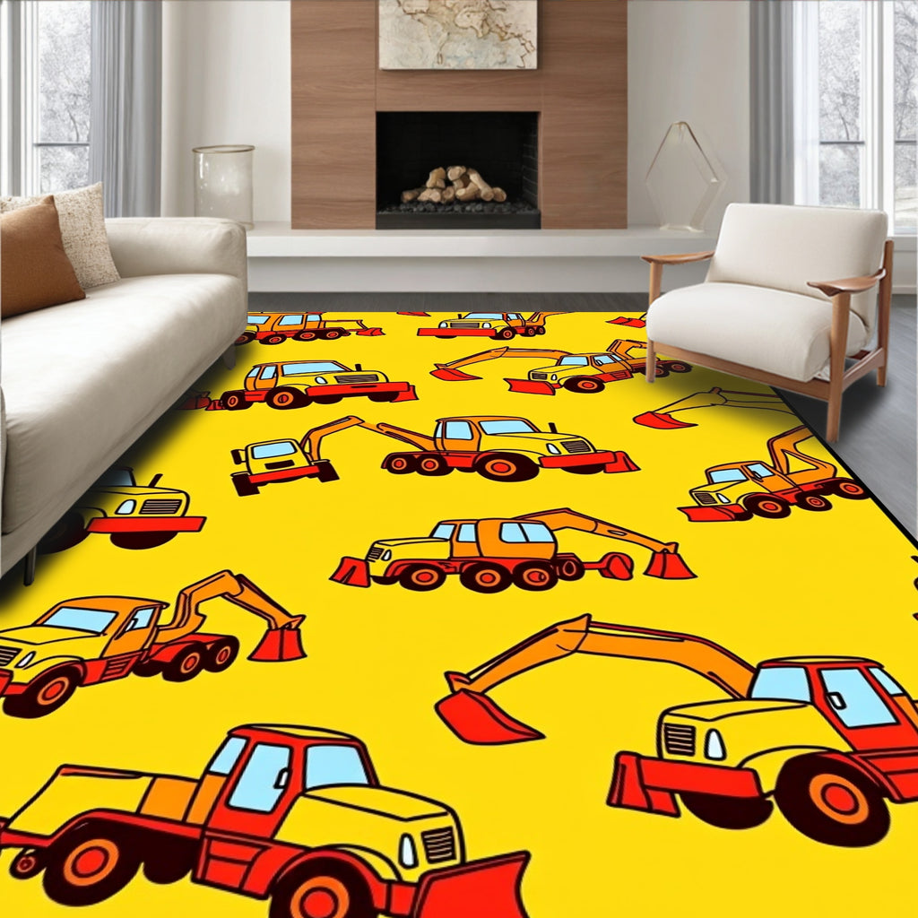 Construction Vehicle Playful Yellow Pattern Rug