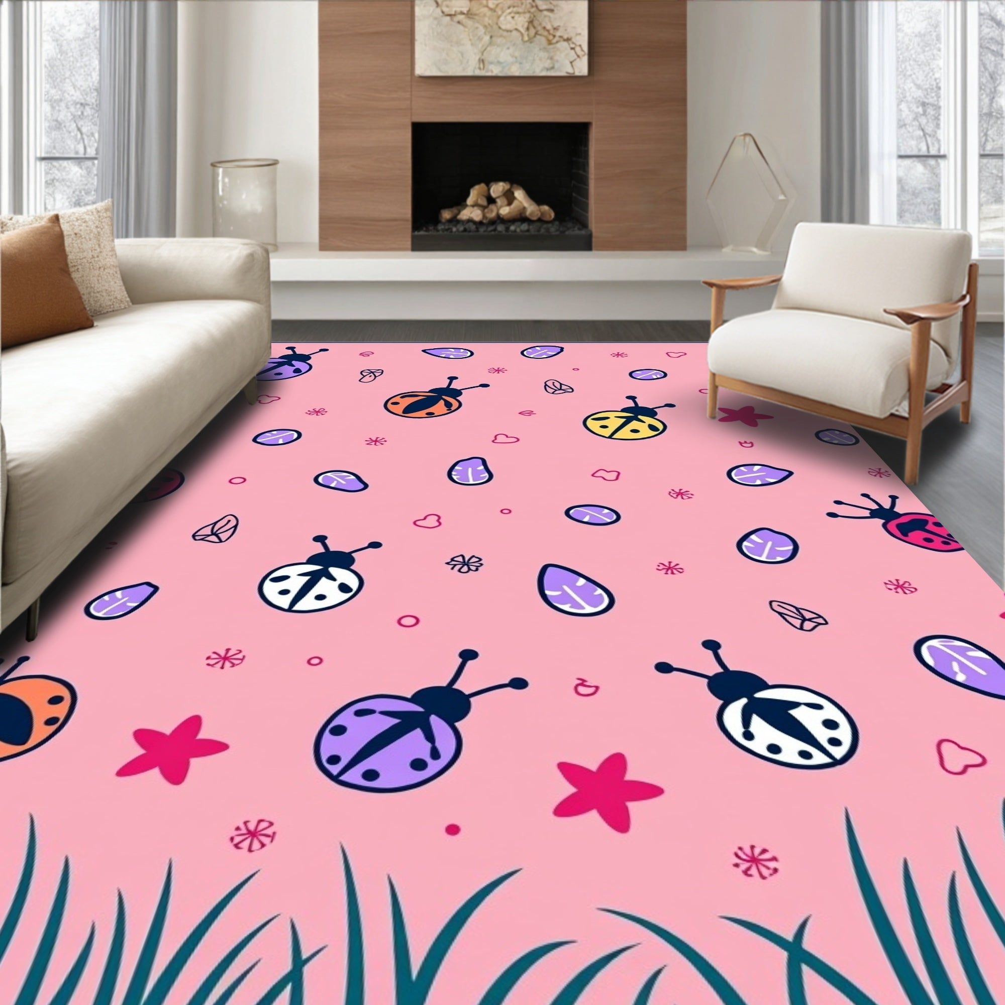 Cute Ladybug Floral Pink Pattern Rug