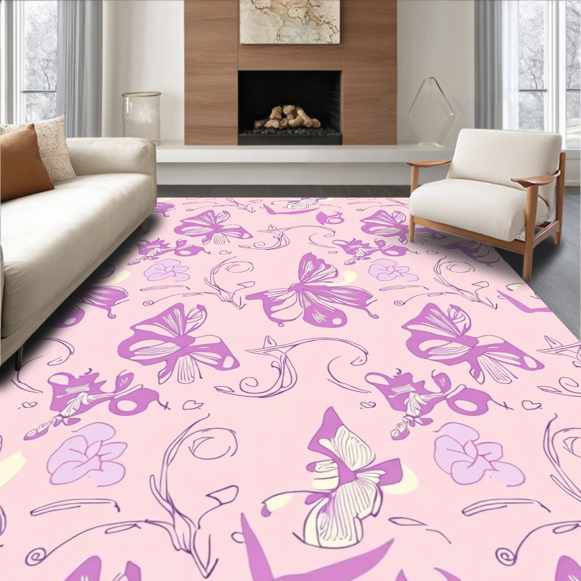 Whimsical Butterfly Floral Pattern Design Rug