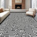 Black White Abstract Maze Pattern Rug